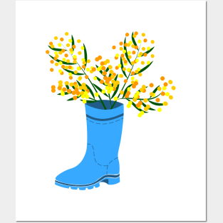 Rubber boots Wellies blue Wellington boots and mimosa flower Posters and Art